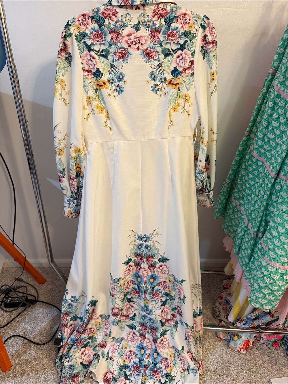 Floral Button-Front Cream Long Sleeve Dress with Pink & Blue Blooms - Picture 9 of 10